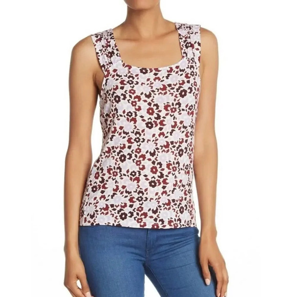 NEW 14th and Union Women Size Large Shirred Shoulder Burgundy Floral Tank Top - Picture 1 of 5